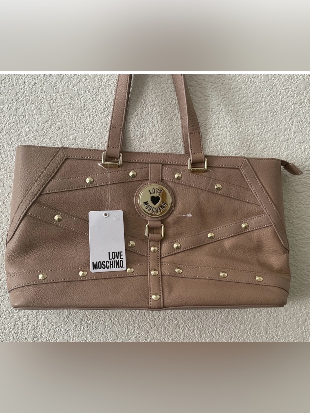 Love Moschino Borsa VIT. Taupe Studded shoulder bag with Gold Logo